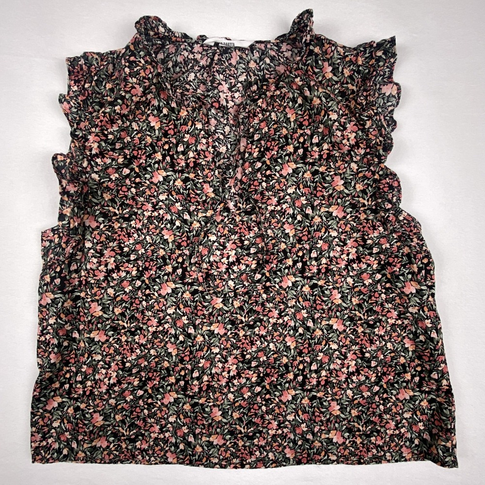 BB Dakota Steve Madden Floral Ruffle Sleeveless Blouse XL Black Pink BM14433W